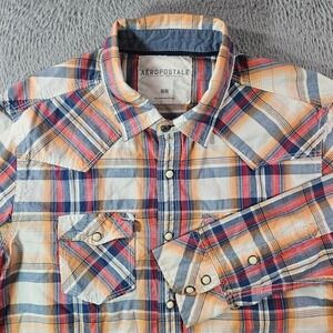 Aeropostale Western Cowboy Shirt Men Medium Pearl Snap Long Sleeve‎ Orange Plaid
